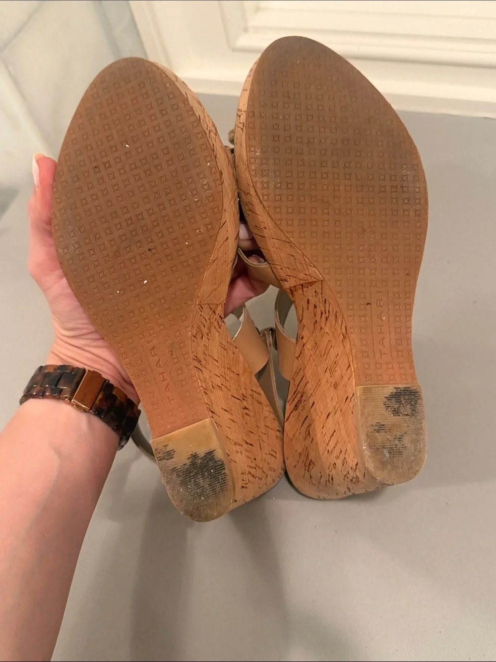 Tahari Tan Cork Wedge Sandals with Rope Accent Size 7.5